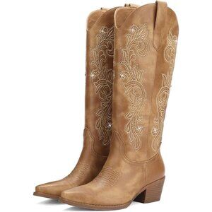 ⚡Women's Brown Wide Calf Cowgirl Boot Embroidered Western Square Toe Chunky Heel